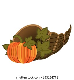 Brown woven cornucopia with a large orange pumpkin and green leaves. Autumn harvest. Thanksgiving Day. Vector illustration. 