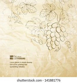 Brown wrinkled paper with grapes. Vector illustration.