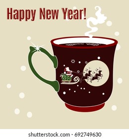 Brown Xmas Coffee Cup With A Scene W. Santa Claus On Sleigh Sittin On Top Of A Green Gift Bag Drawn By Reindeers With Big Moon In Background. Coffe Mug & Sans Serif Merry Christmas Text W. Snowflakes