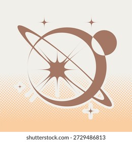 Brown Y2K Flat Style Cosmic Shape with Glitters, White backdro with Yellow Halftone Gradient