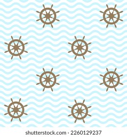 Brown yacht helm boat steering wheel sailing navigation symbol on blue waves ripple vector seamless pattern. Nautical equipment. Vessel helm flat icon, ship steering wheel sign marine ornament.