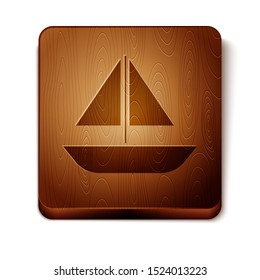 Brown Yacht sailboat or sailing ship icon isolated on white background. Sail boat marine cruise travel. Wooden square button. Vector Illustration