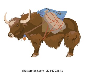 A brown yak with bags on its back. Vector, flat style. A pet is traditionally used for cargo transportation in Tibet and Nepal. Dairy cattle are widespread in the highlands. Cartoon style.