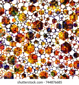 Brown, yellow, black, orange, red, white colors. Dark geometric shapes on light backdrop. Seamless texture. Abstract vector background for web page, banners, fabric, home decor, wrapping