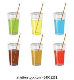 Brown, yellow, blue and  red pop drinks in glass with straw.