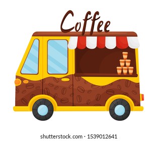 Brown with yellow coffee truck. Vector illustration on a white background.