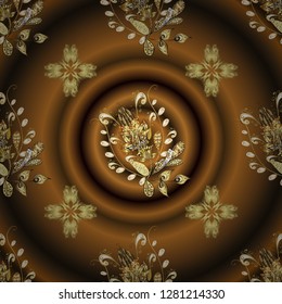 Brown and yellow colors with golden elements. Vector golden floral ornament brocade textile and glass pattern. Gold metal with floral pattern. Seamless golden pattern.
