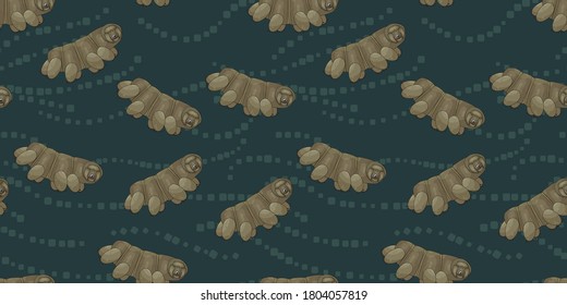 Brown or yellow cute happy Tardigrade, water bears or moss piglets vector repeat seamless pattern on dark blue background