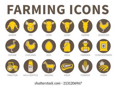 Brown and Yellow Farming Icon Set of Sheep, Pig, Cow, Goat, Horse, Rooster, Goose, Chicken, Egg, Milk, Farmer, Concentrate, Tractor, Bottle, Animal, Meat, Farm and Forage Icons.