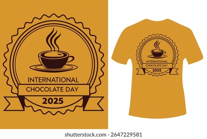 A brown and yellow graphic design for International Chocolate Day 2025, featuring a cup of steaming chocolate.