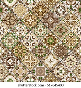 Brown yellow and green abstract patterns in the mosaic set. Square scraps in oriental style. Vector illustration. Ideal for printing on fabric or paper.