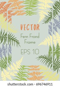 Brown, yellow and green bushes fern frame vector illustration. Polypodiophyta plant leaves decor on grey background. Detailed tropical forest background fern herbs drawing, bracken grass jungle border