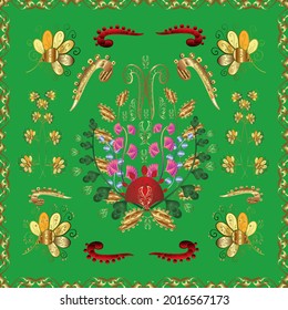 Braunes, gelbes, grünes und goldenes Muster. Nahtloser abstrakter Hintergrund mit sich wiederholenden Elementen. Elegantes, klassisches Vektormuster.