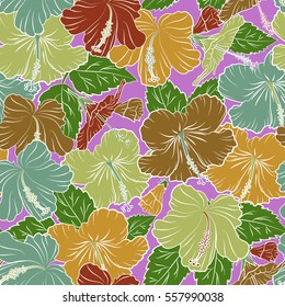 Of brown, yellow and green hibiscus flowers, blossom with leaves isolated. Watercolor painting effect, Vector illustration. Hand drawn sketch. Hibiscus flowers in brown, yellow and green colors.