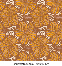 Brown and yellow Hibiscus seamless background. Aloha hawaiian shirt vector seamless pattern.