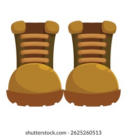 Brown and yellow hiking boots standing on white background