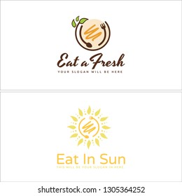 Brown yellow line art leaf sun fork spoon circle combination mark logo design concept suitable for cafe organic food healthy