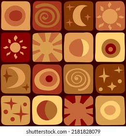 Brown, Yellow And Maroon Squares With Sun Moon And Stars. Color Repetitive Background. Sky Ethnic Motif. Vector Seamless Pattern. Fabric Swatch. Wrapping Paper. Continuous Design Template For Textile