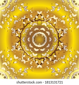 Brown and yellow on background. Vector pattern background wallpaper with gold antique floral medieval decorative flowers, leaves and gold pattern ornaments. Royal luxury golden baroque damask vintage.
