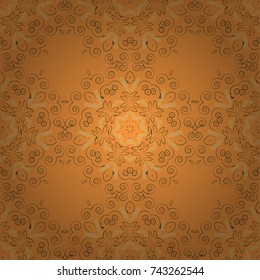 Brown, yellow and orange flower kaleidoscope seamless pattern. Vector abstract background. Abstract kaleidoscope with Star of Judah David, floral spiral effect and geometrical ornament.