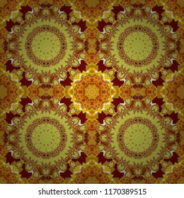 Brown, yellow and orange mandalas. Vector hand drawn art, typical portuguese tiles. Traditional ornate portuguese decorative tiles azulejos. Seamless abstract background. Ceramic tiles pattern.