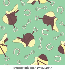Brown and yellow saddle and horseshoe silhouette seamless pattern. Vector illustration.
