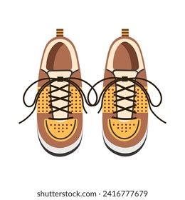 Brown, yellow sports sneakers for travel and everyday wear, top view on a white background. Vector illustration of comfortable shoes for traveling.