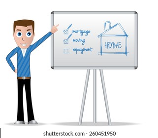 Brown young man pointing on white table