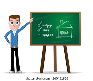 Brown young man pointing on school table