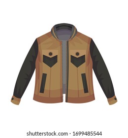 Brown Zip-through Jacket with Pockets as Male Clothing Item Vector Illustration