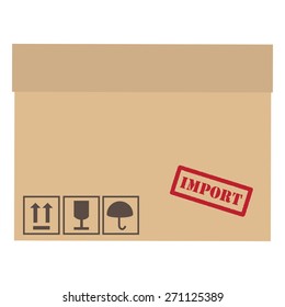 Brown,closed, cardboard box with red rubber stamp import and symbols fragile, keep dry,sign up vector