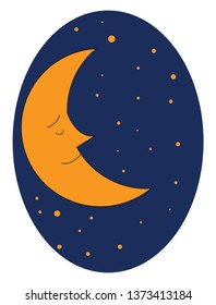 Brown-colored cartoon moon with sharp nose dreams while sleeping and appears against a dark-blue background with brown dots vector color drawing or illustration 