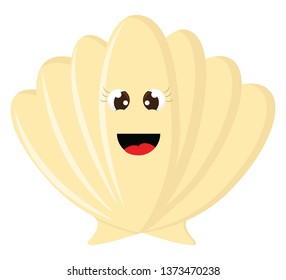 A brown-colored clam-shaped seashell with big eyes and beautiful eye-lashes is laughing vector color drawing or illustration 