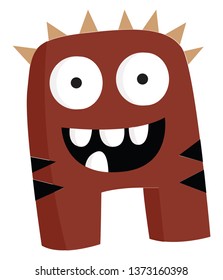 A brown-colored monster with bulging eyes four teeth and spike-like hair vector color drawing or illustration 