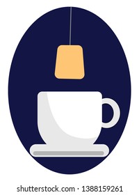 A brown-colored tea bag about to get dipped in a white teacup with a saucer over blue background  vector  color drawing or illustration