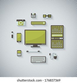 Brown-Green Technology Devices in Flat style with Shadow on Light Halftone Background
