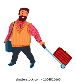 El hombre barbudo de pelo marrón lleva una maleta roja para el coche de viaje. Ilustración vectorial al estilo de las caricaturas planas.