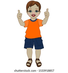 A brown-haired boy dressed in an orange T-shirt and blue shorts is standing, smiling and showing a thumbs up gesture with both hands at once, color illustration on a white background