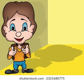 Brown-haired Boy with a School Bag on his Back - Colored Cartoon Illustration with Background, Vector