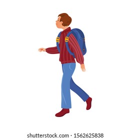 Brown-haired camper boy in the sweater with a backpack. Vector illustration in flat cartoon style.