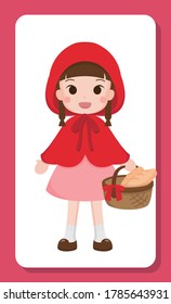 Brown-haired cartoon girl in dress and cape, carrying basket