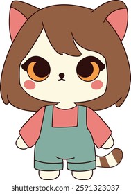  Brown-Haired Cat Girl in Overalls