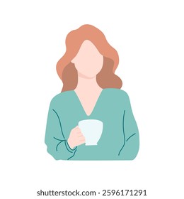 Brown-haired girl with a cup. Vector illustration of a girl with long hair holding a cup of coffee or tea, isolated on a white background. Flat style.