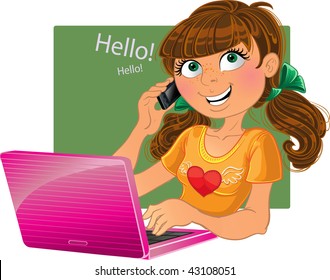 Brown-haired girl with phone and pink laptop