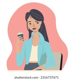 Una chica de cabello marrón está sentada en una mesa en un café. Ella tiene un vaso de bebida caliente en la mano. Una mujer con traje en el desayuno.