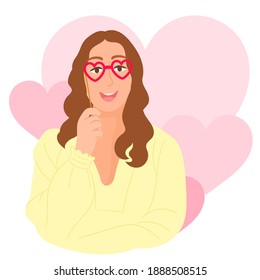 Brown-haired girl in trendy heart glasses posing with shy smile