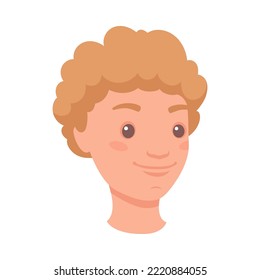 Brown-haired Man Head Showing Happy Face Expression and Emotion Smiling Half-turned Vector Illustration