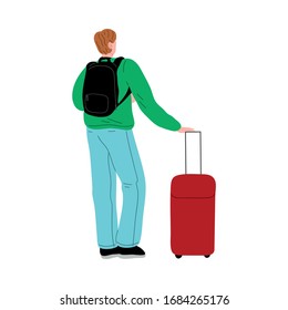 The brown-haired man standing with a red travel stroller suitcase, back view. Vector illustration in flat cartoon style.