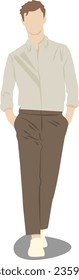 The brown-haired man is wearing a brown shirt, brown trousers and white shoes. Completely vectorised. You can change the colours.