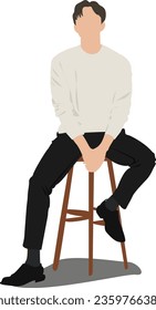 The brown-haired man is wearing a white sweater, black trousers, grey socks and black shoes. He is sitting on a wooden stool. Completely vectorised. You can change the colours.
